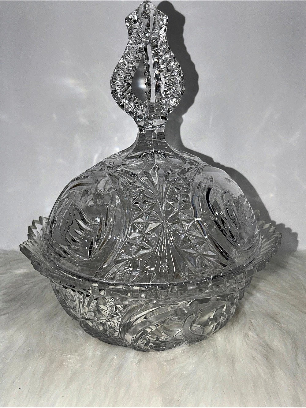 Vintage Monarch Swan Clear Cut Crystal Covered Candy Dish